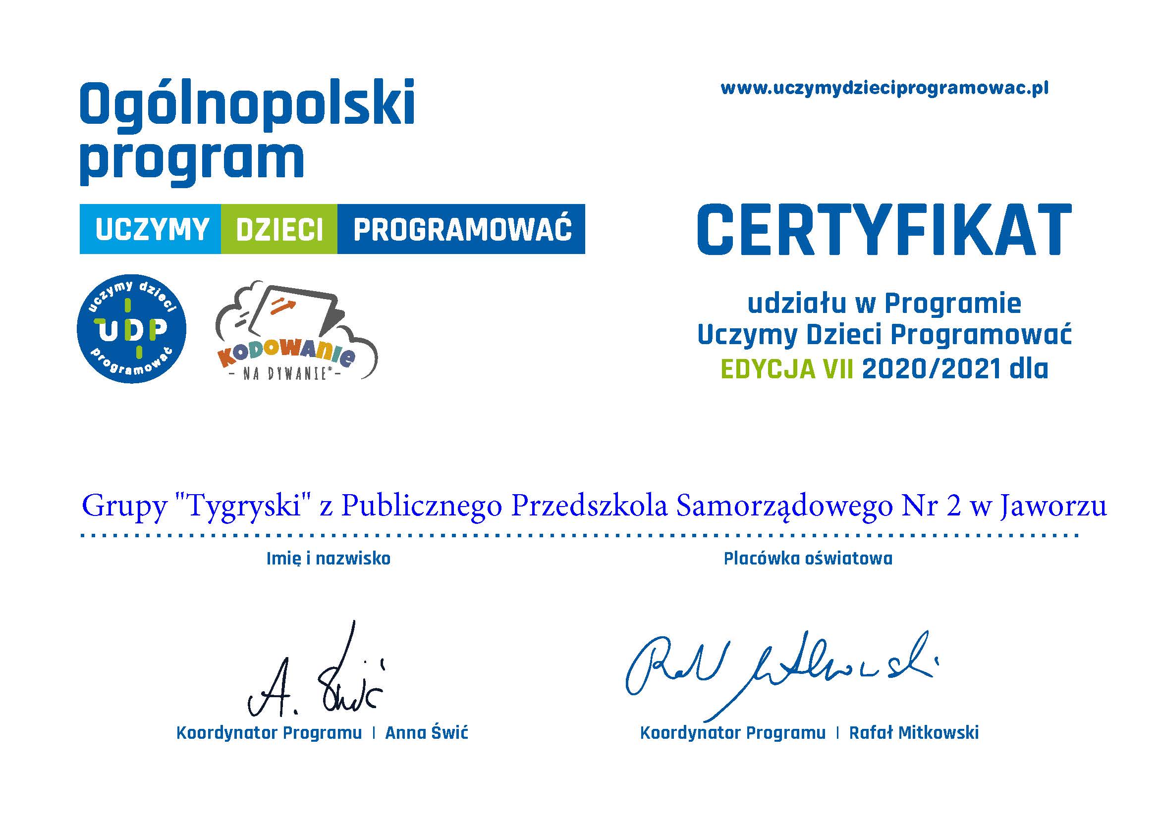 certyfikat UDP VII Tygryski